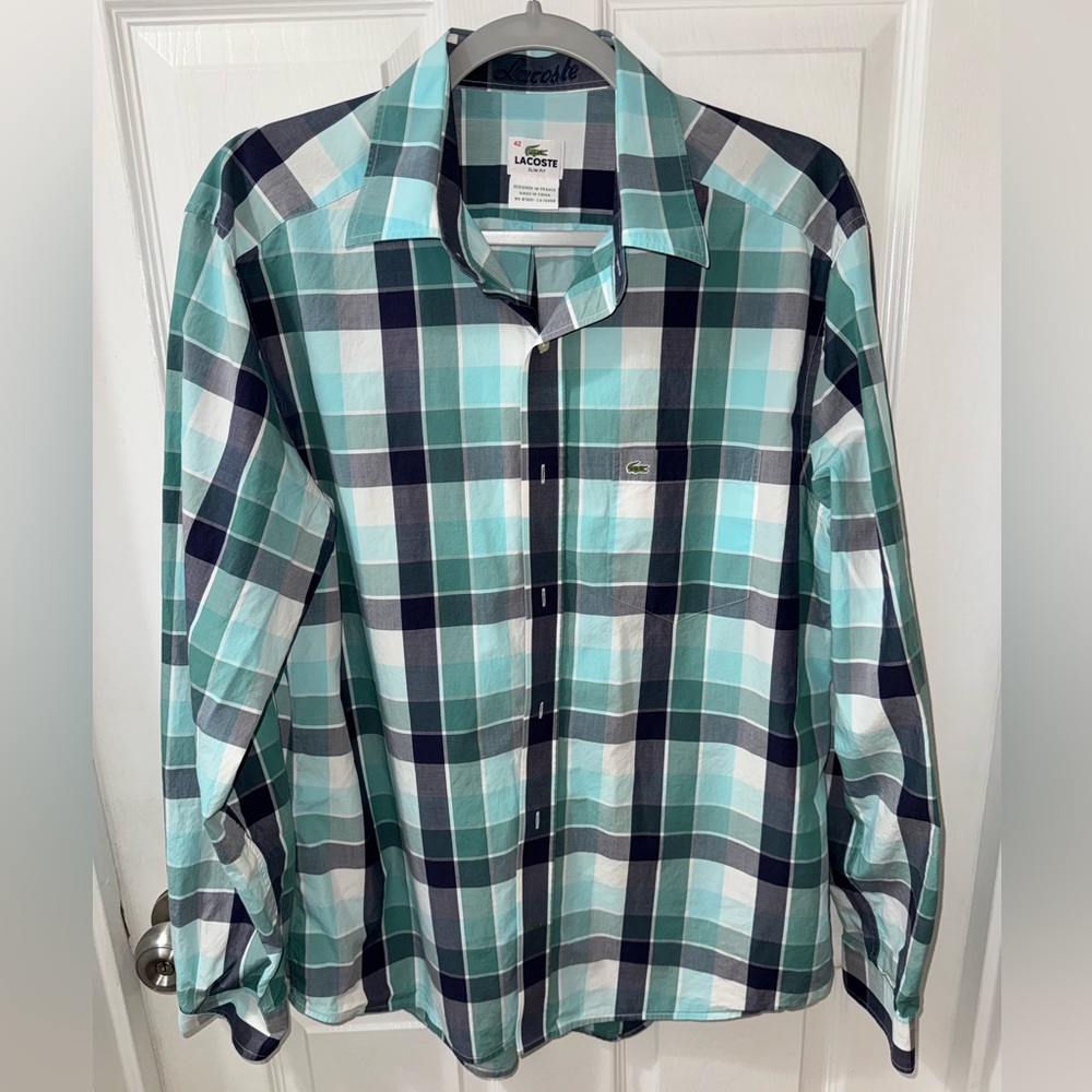 Lacoste Men's Green and Blue Plaid Slim Fit Shirt Size 42